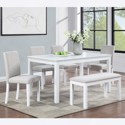 Ensemble de table de salle à manger 6 pièces en bois, table de salle à manger en bois avec 4 chaises rembourrées et banc pour 6 personnes, ensemble de table de salle à manger rectangulaire avec décoration en cristal pour la cuisine, la salle à manger
