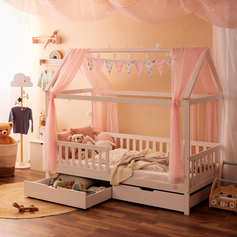 Alcube® HEIM house beds with fall-out protection and slatted frame - White, White, European Toddler (80 x 160cm), Standard