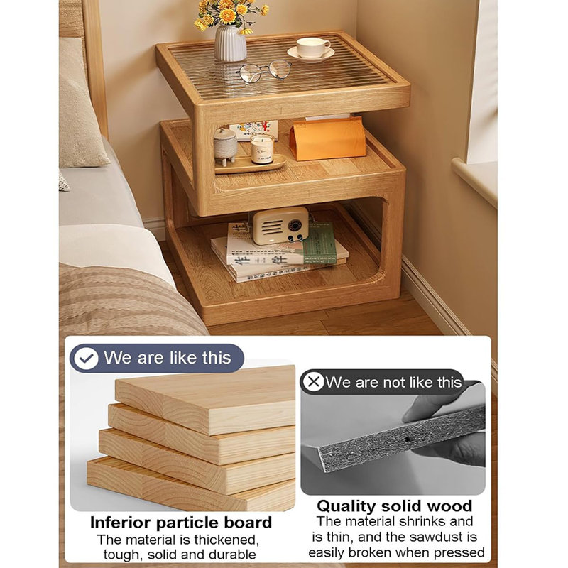 Soild Wood End Table With Led Light, Natural Wood