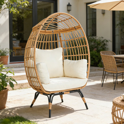 Chaise longue d'extérieur en osier avec coussins et chaise longue en rotin PE, structure en acier, panier à œufs d'une capacité de 450 lb pour la véranda
