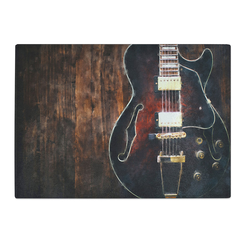 Tempered Glass Wooden Electric Guitar Painting Chopping Board, 28.5 cm x 39 cm