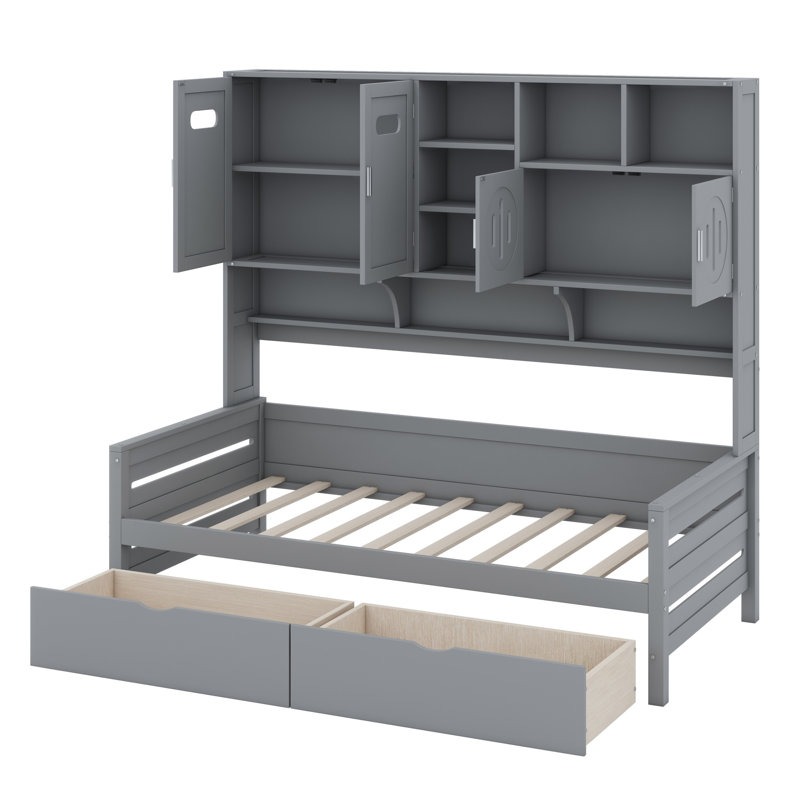 Lit de jour avec tiroirs, armoire et tablette tout-en-un, Grey, Lit simple