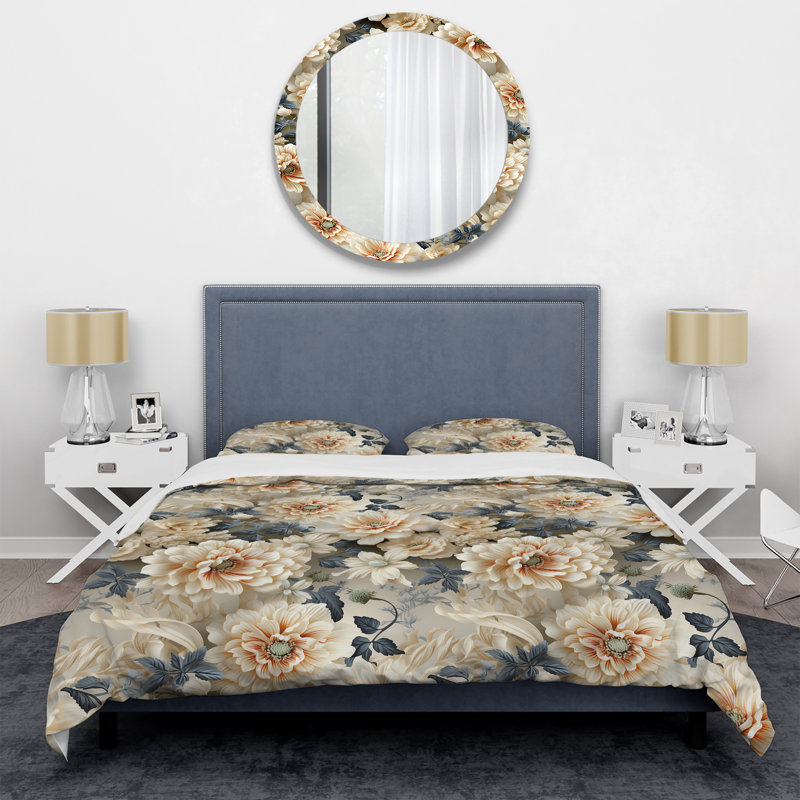 Literie à motif floral gris antique, Housse de couette pour très grand lit et 2 très