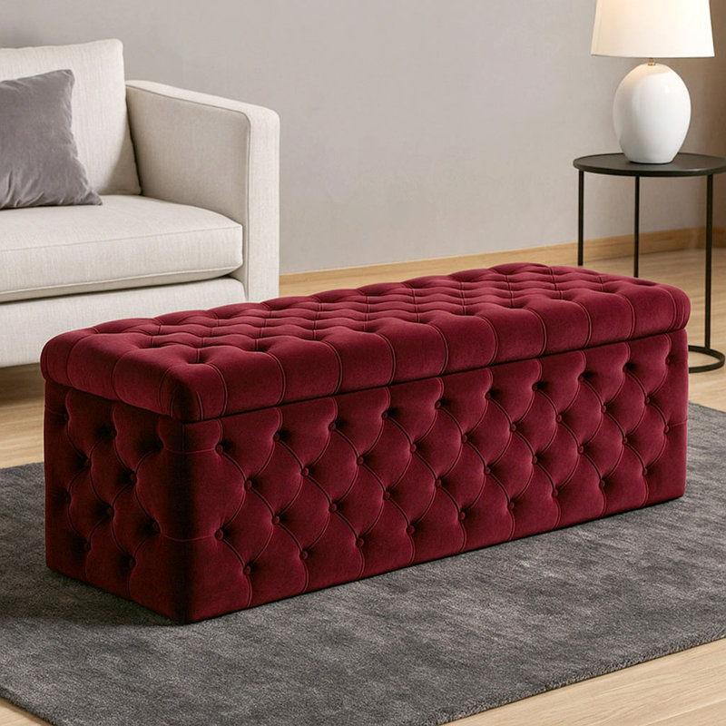 Lux Wide Velvet Chesterfield Rectangle Solid Color Standard Ottoman Box with Storage, 120cm W x 42cm D x 40cm H, Claret Red