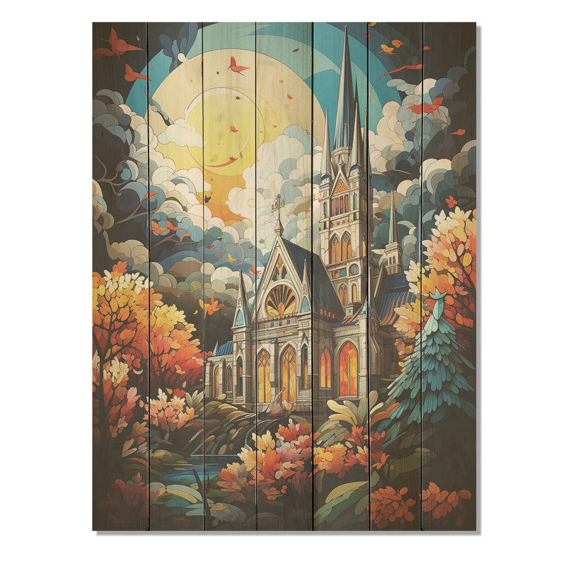 Pop Art Curch At Moon Landscape I - Church On Wood Print, H 44 po x l 34 po