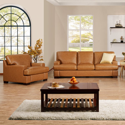 Ensemble de canapé et fauteuil d'appoint en cuir véritable Sasakwa - Collection moderne de canapé 2 pièces pour le salon