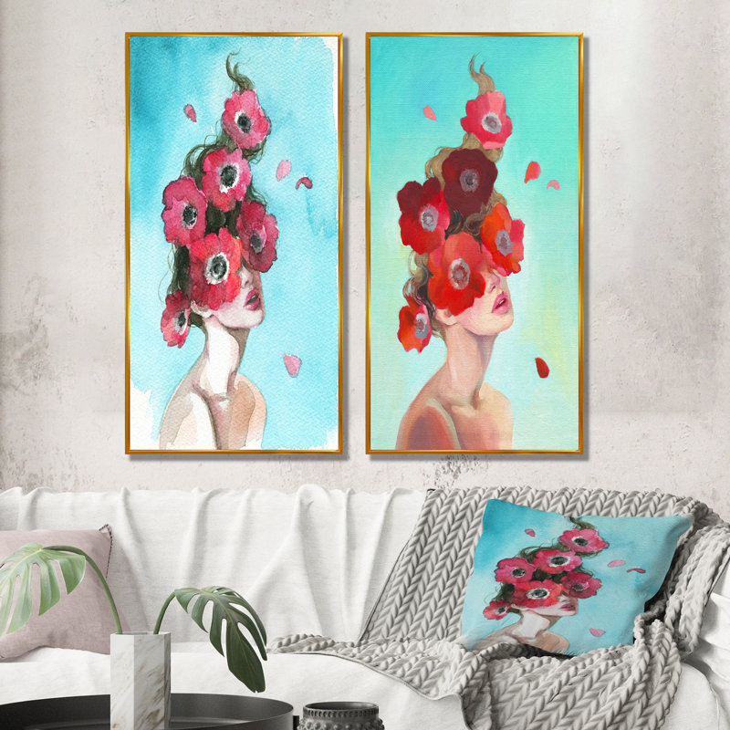 «Glamourous Floral Woman Portrait», ensemble de 2 peintures sur toiles, H 20 po x l 24 po x P 1 po, Cadre flottant doré