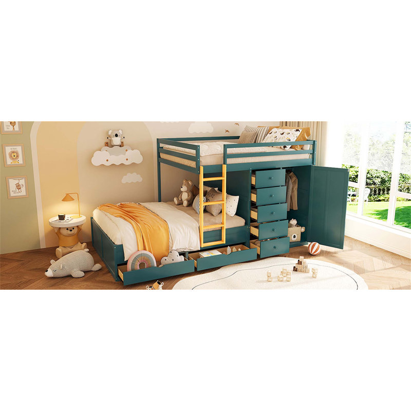 Lit superposé double avec rangement intégré: 2 grands tiroirs, 5 petits tiroirs et garde-robe compacte pour une utilisation optimale de l'espace.
