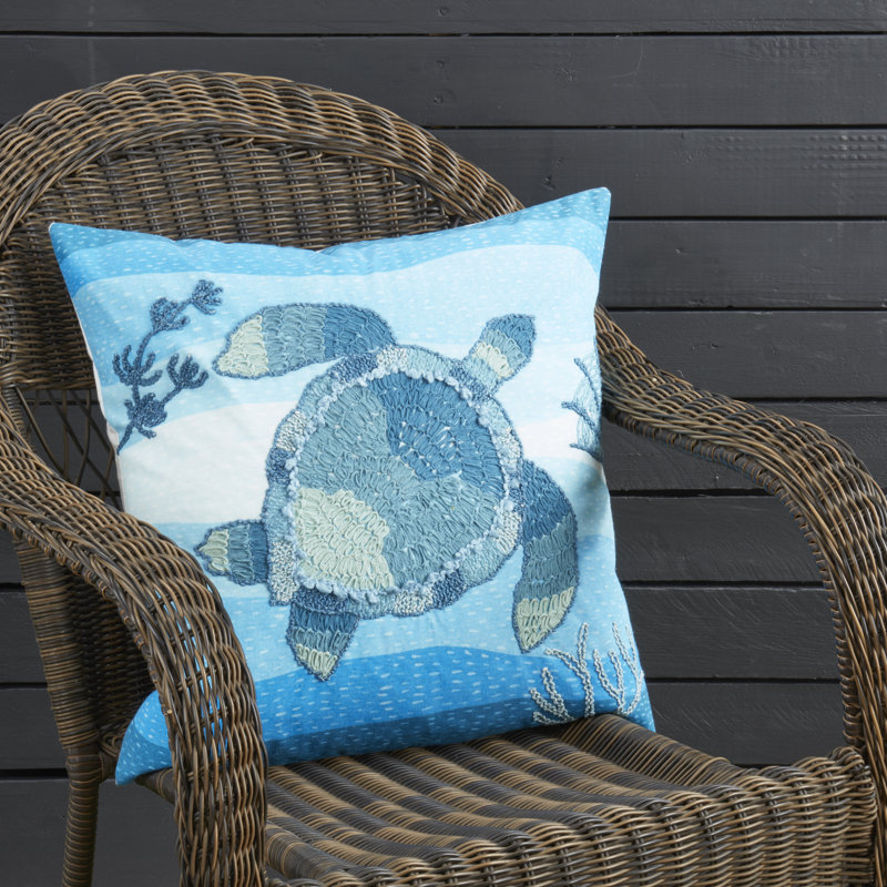 Outdoor Embroidered Turtle Pillow Cover, Polyester