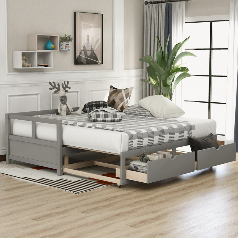Freland Kids Daybed with Trundle with Drawers, Gray