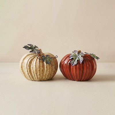 Glazed Ceramic Harvest Pumpkin with Metal Leaf Accents | Rustic Fall Tabletop & Thanksgiving Decor