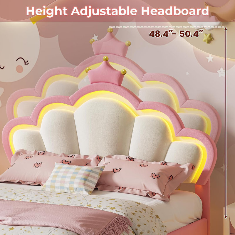 Cadre de lit avec lumières DEL, lit double pour filles avec couronne Princess, cadre de lit tapissier en velours avec tête de lit réglable, pas de sommier tapissier requis