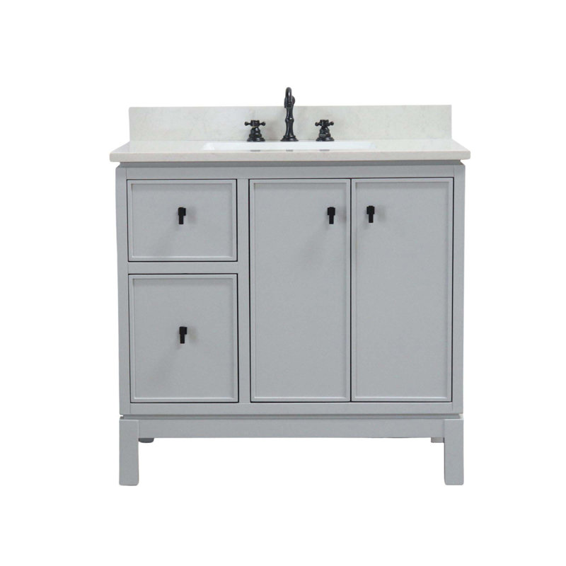 Meuble-lavabo simple avec plateau en quartz, Gris français, Noir mat