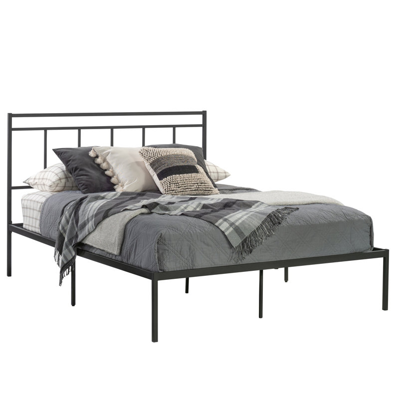 Grand lit plateforme noir avec tête de lit de soutien confortable, structure en bois d'ingénierie, convient à différents styles de pièce, assemblage rapide et simple, structure de cadre de rangement sous-plan surélevée,