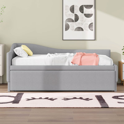 Twin Size L-Shaped Daybed With Pop Up Trundle, Linen Upholstered Day Bed Frame With Wood Slats, Twin To King Design