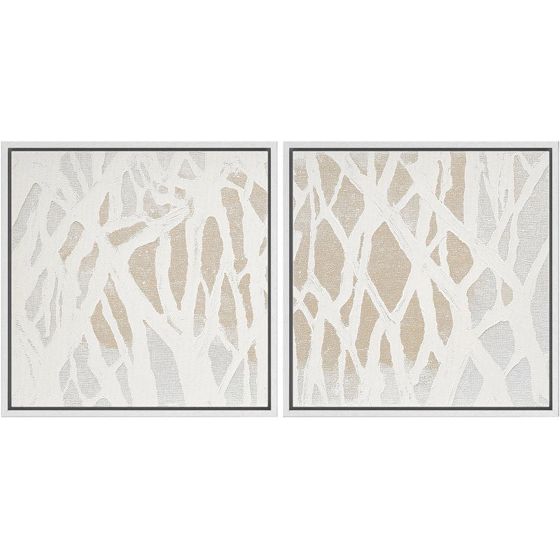 «White and Beige Organic Line Modern Modern Style», ensemble de 2 reproductions d'art encadrées, H 16 po x l 16 po