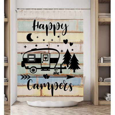 Happy Camper RV Shower Curtain - Farmhouse Style Bathroom Decor for Travel Trailers, Shorter and Narrow Stall Fabric with Hooks
