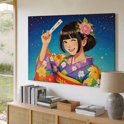 Toile, art mural, Une jeune fille joyeuse portant un yukata traditionnel japonais coloré et décorée de qualité supérieure prête à accrocher moderne