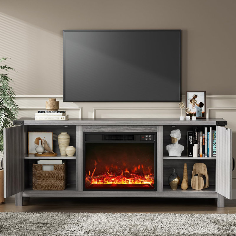 Meuble télé avec deux portes de grange et armoires de rangement pour téléviseur de 65 po ou moins, console de divertissement