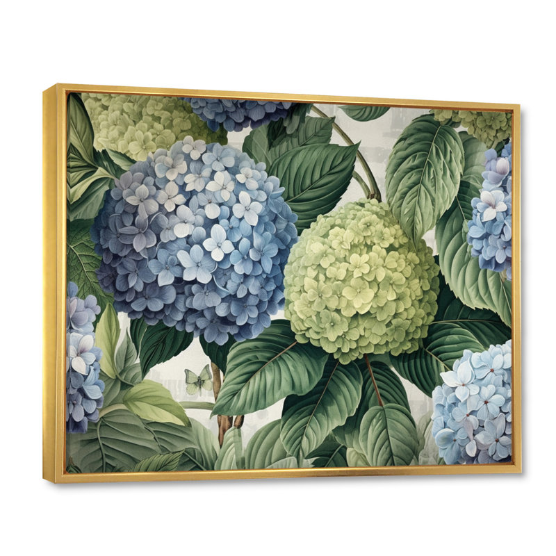 Impression sur toile rose, rose, vert et hortensia, Cadre flottant doré, H 12 po x l 20 po x P 1,5 po