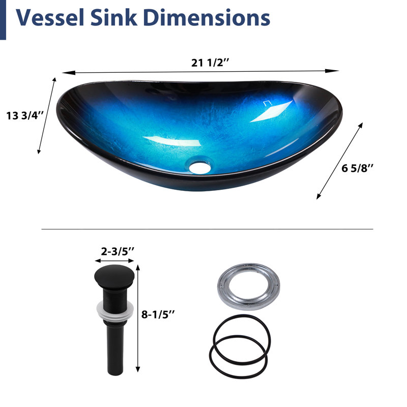 Mocoloo 21"L x 13"W Glass Bathroom Sink Tempered Glass Artistic Bathroom Sink with Pop-up Drain, 21.5"L x 14"W, Light Blue
