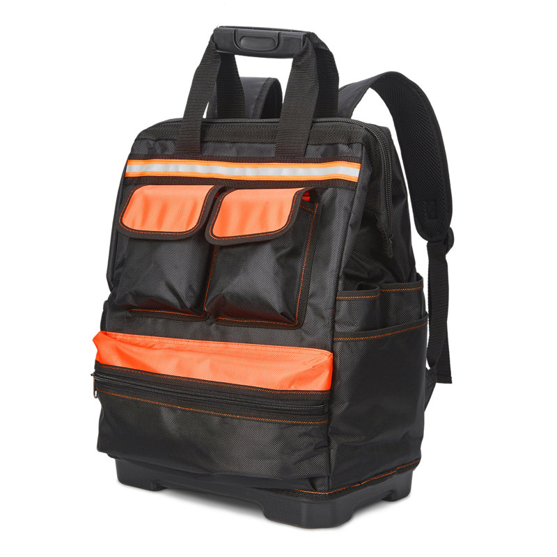 Sac à dos à outils de 17 pouces, sac à outils Oxford robuste avec base renforcée en plastique, sac à dos imperméable pour entrepreneur, noir