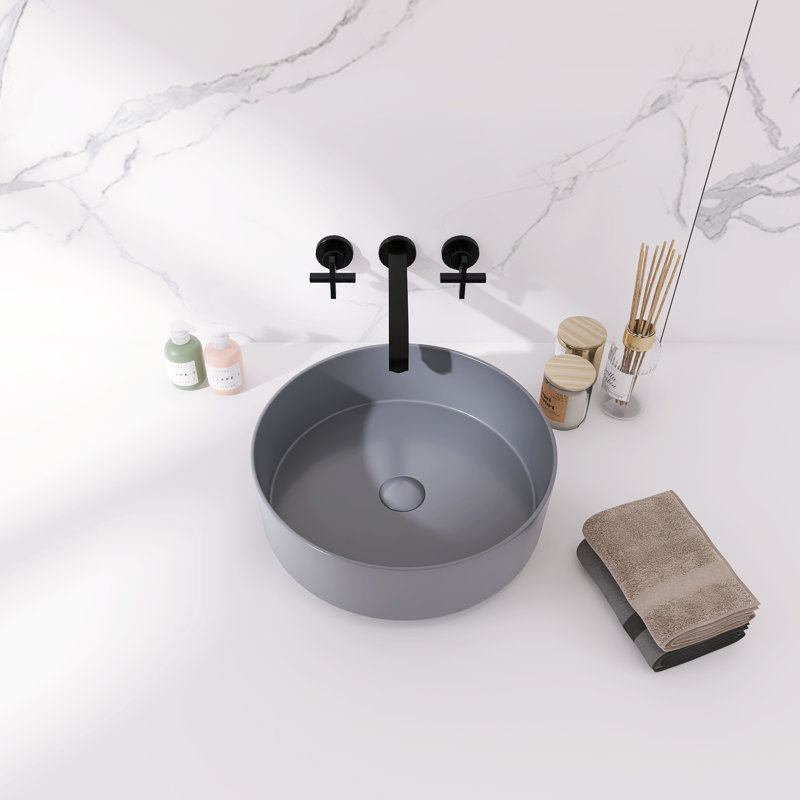 16" Ceramic Circular Vessel Bathroom Sink, Matte Light Gray