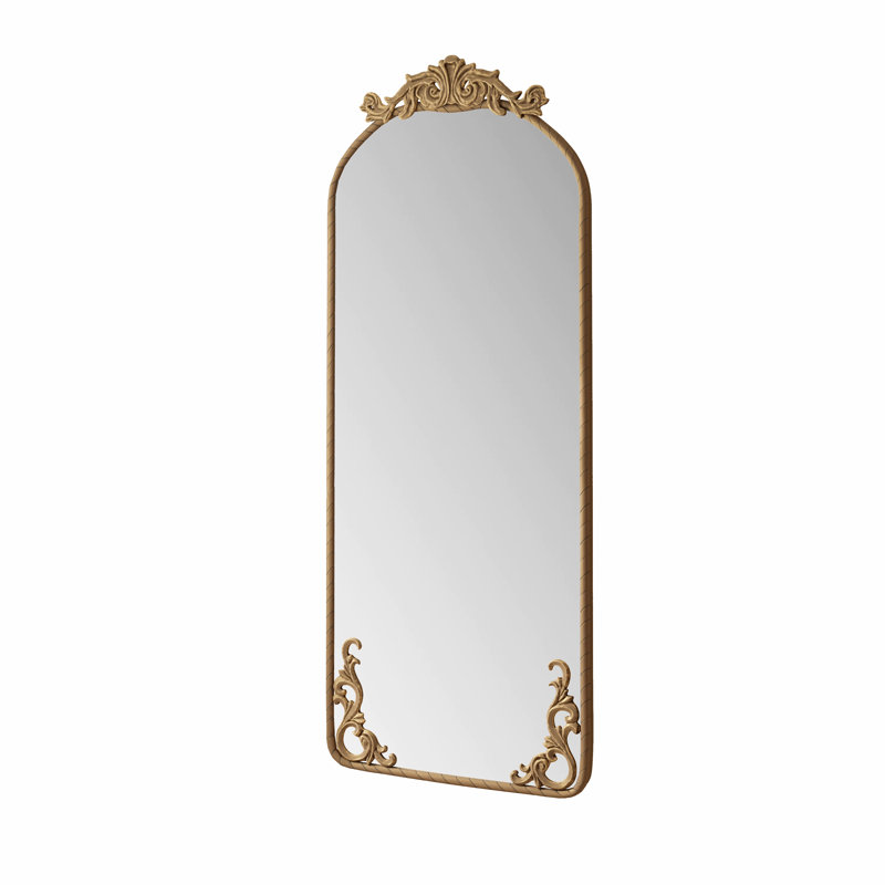 Arched Full Body Mirror with Vintage Ornate Carved Applique, Bronze