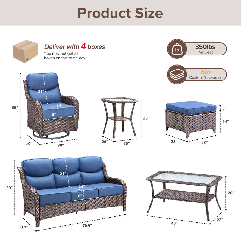 7 - Person Luxury Wicker Patio Furniture Set With Coffee Table & 6-Inch Extra-Thick Cushion Swivel Chairs, Side Table, Blue