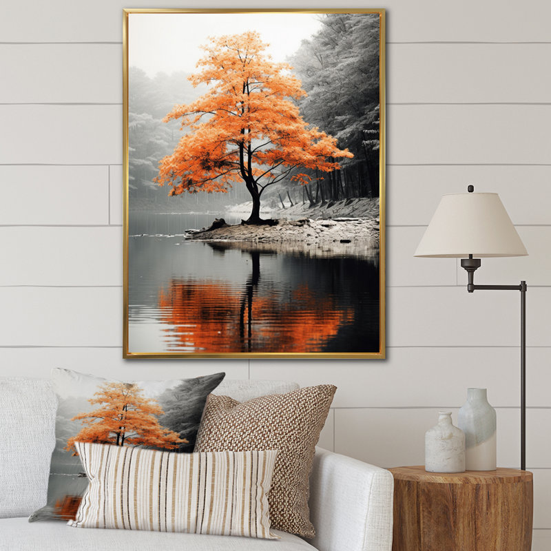 «Orange and Gray Forest Autumn Elegance II», art sur toile Forêt, Reproduction avec cadre flottant, H 40 po x l 30 po, Blanc