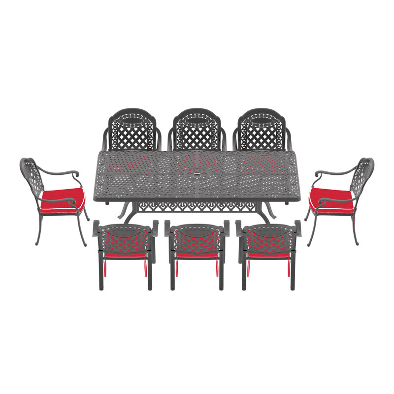 Ensemble de 9 meubles de patio en aluminium coulé avec coussins rouges 9 pièces