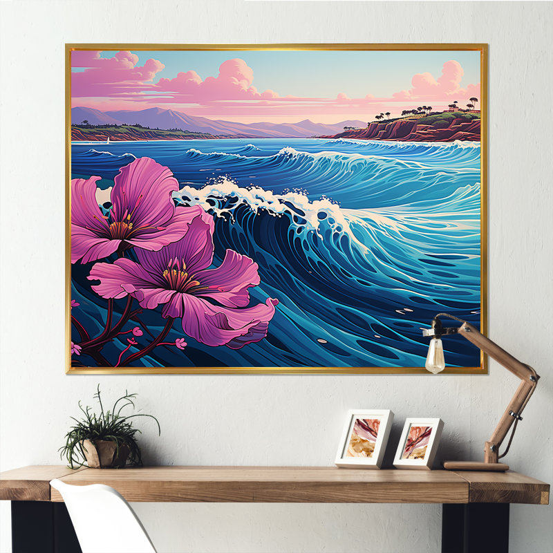 Bleu et mauve attrapant des vagues au Japon - Art mural Japon, Cadre flottant noir, H 16 po x l 32 po x P 1 po