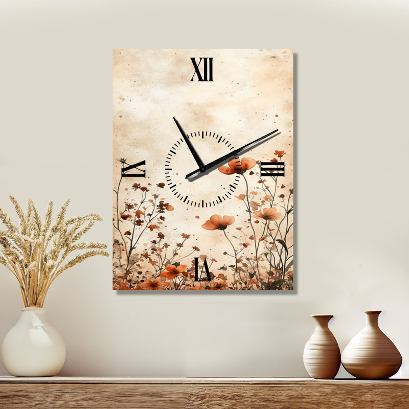 Fleur sauvage brune délicate II - Grande horloge murale minimaliste en métal, H 32 po x l 24 po - Rectangle