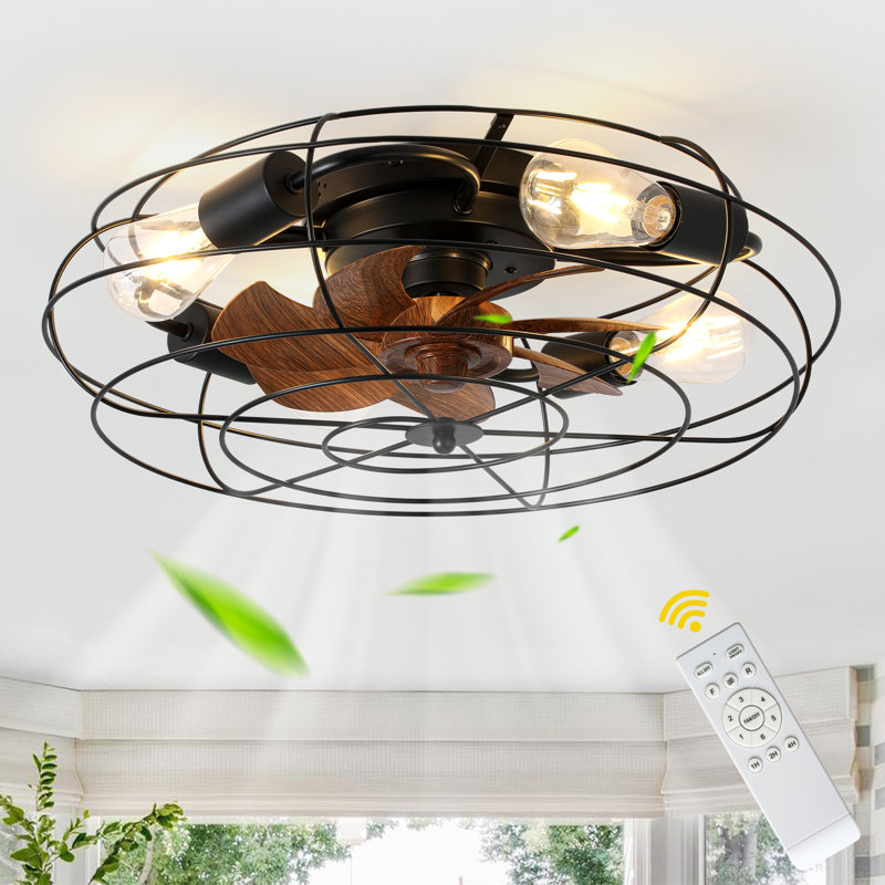 19.7" Indoor Flush Mount Low Profile Ceiling Fan with Lights, Farmhouse Caged Ceiling Fan with Remote