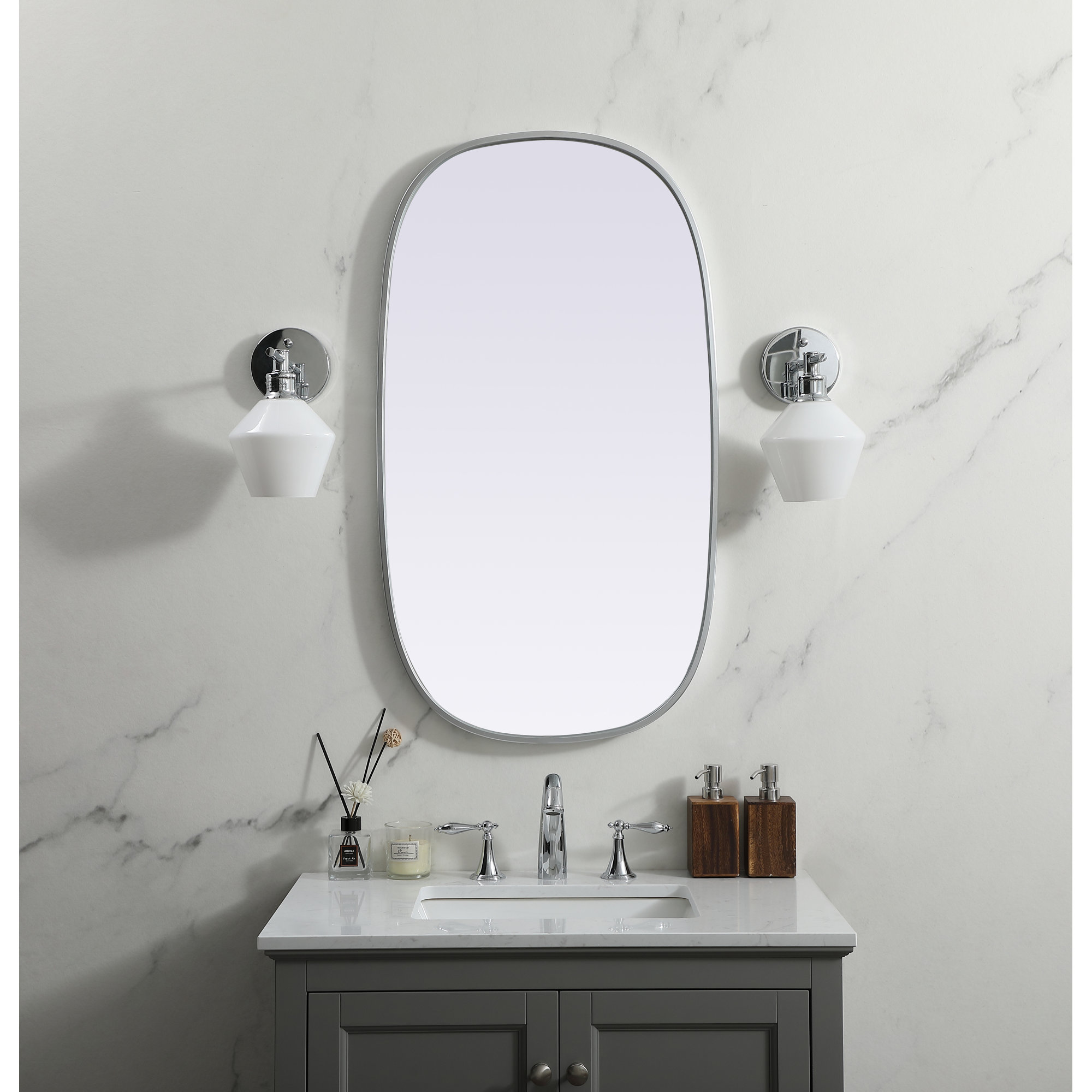 Sabine Metal Curved Oval Wall Mirror, Silver, 36" x 20"