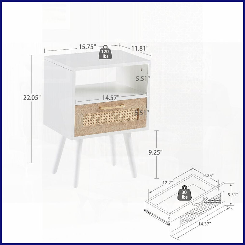 Rattan Coffee Table with Solid Wood Legs &amp; Drawer, Easy-Clean White Side Table for Living Room Bedroom, 120lbs Capacity
