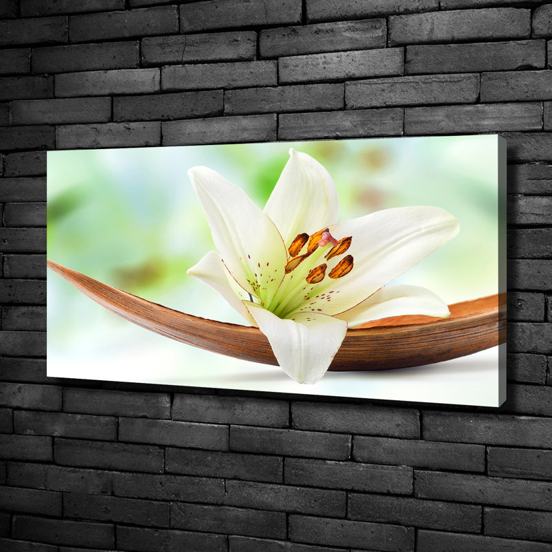 Lily Flower On Banana Leaf - No Frame Print on Glass, 100 cm x 50 cm x 0.4cm D