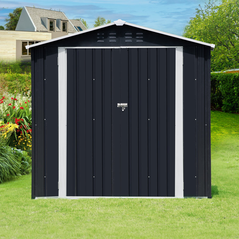 Remise de rangement en métal de 4 pi x P 7 pi, grande remise en métal pour outils de jardin avec toit incliné et double porte verrouillable, remise extérieure pour la cour de jardin