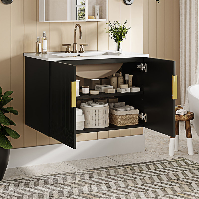 Meuble-lavabo vintage avec lavabo en céramique, Noir