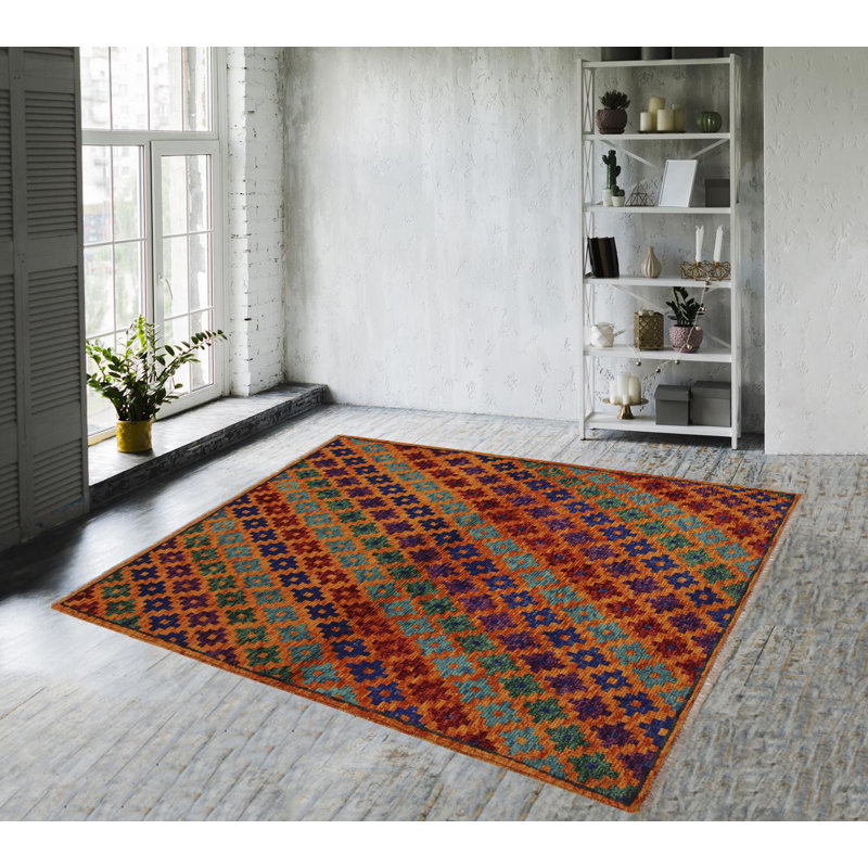Tapis rouge / mauve / orange en laine noué à la main à motif géométrique 3 pi 4 po x 4 pi 10 po Laudalino