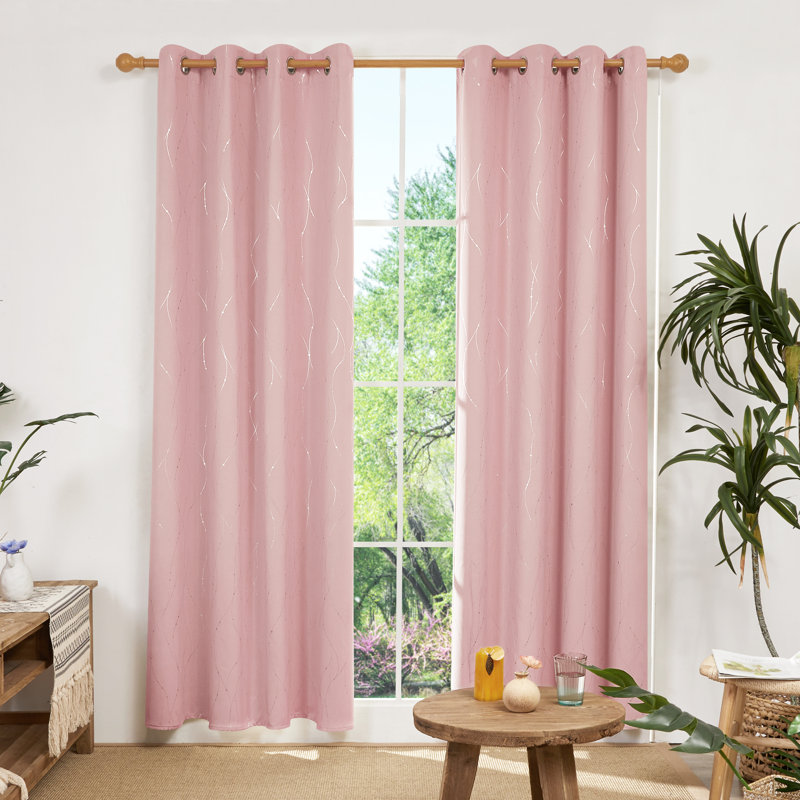 Senath Dotted Line Foil Printed Room Darkening Thermal Curtains, 168cm W x 229cm D, Coral Pink