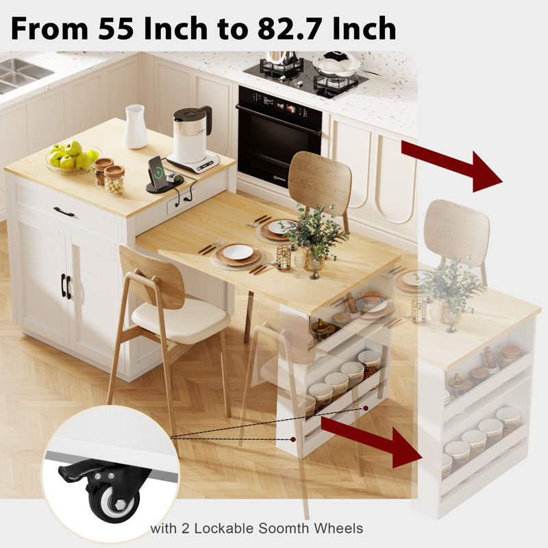 Kitchen Island with Extendable Dining Table, White