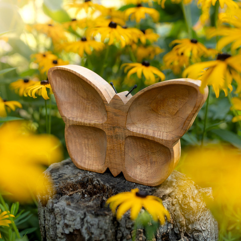 Natural Mango Wood Butterfly Figurine with Metal Antennae
