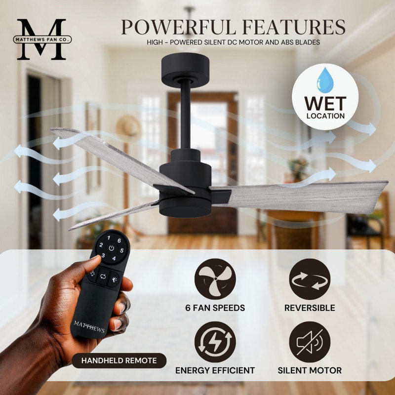 Alessandra Outdoor Downrod Ceiling Fan, Matte Black, Barn Wood Tone