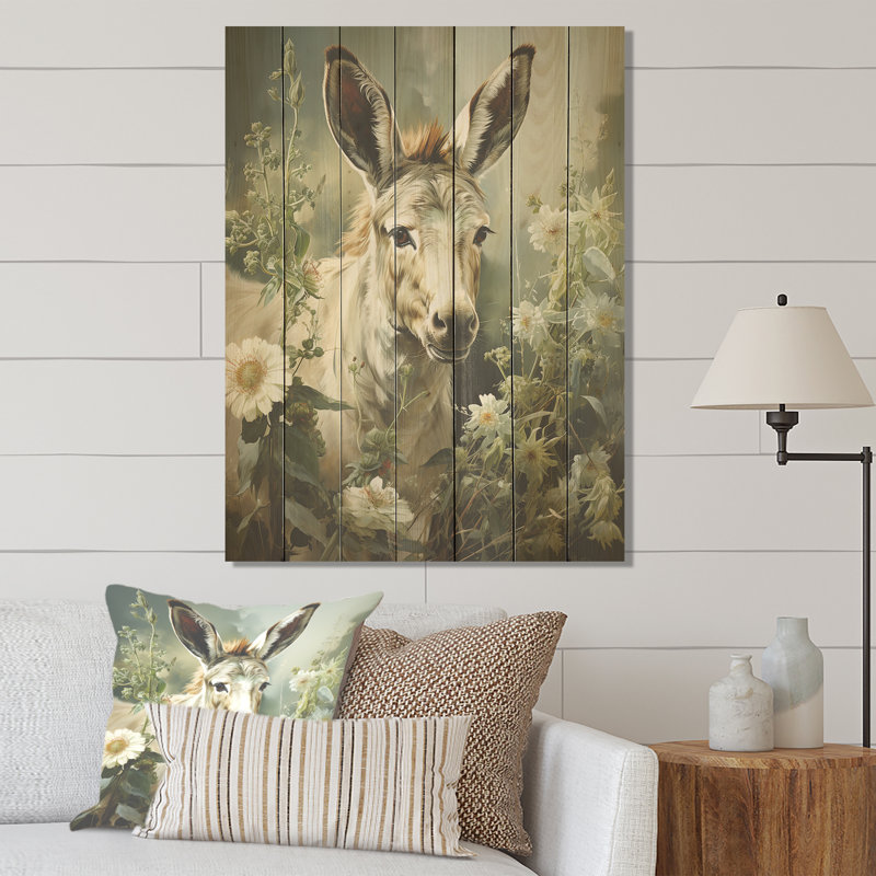 Farmhouse Donkey In Field VI - âne sur bois, H 40 po x l 30 po