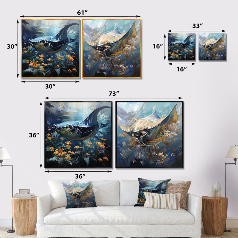 Manta Ray Dance I - ensemble de 2 reproductions sur toile d'animaux côtiers, Cadre flottant brun, H 16 po x l 33 po x P 1 po