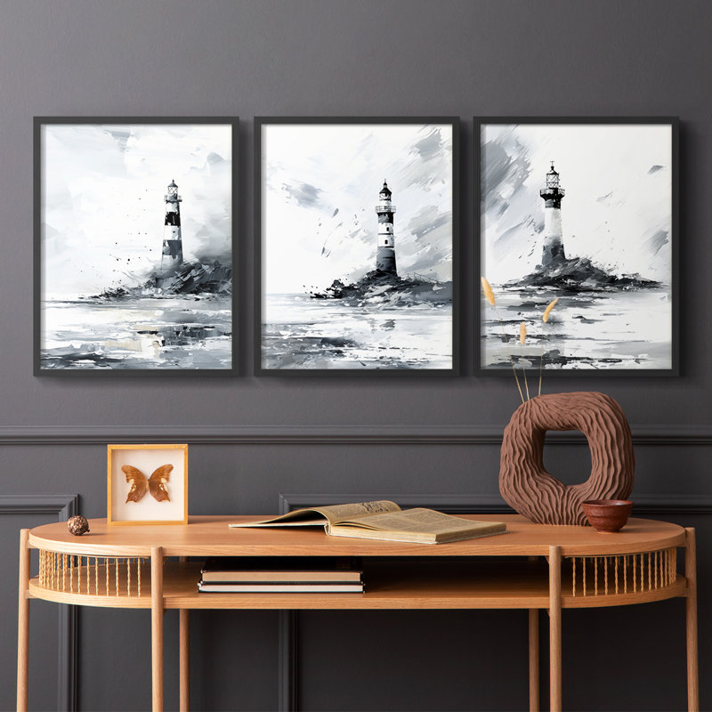Série Sea and Shore Cxxv -Set de 3 estampes numériques giclées -Prêt à accrocher, Cadre noir, H 14 po x l 11 po