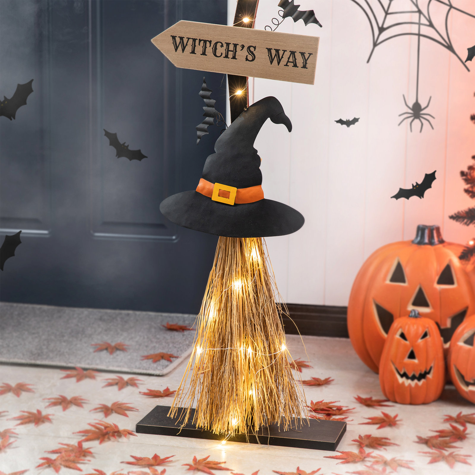 42"H Lighted Wooden Witch's Broom Porch Decor