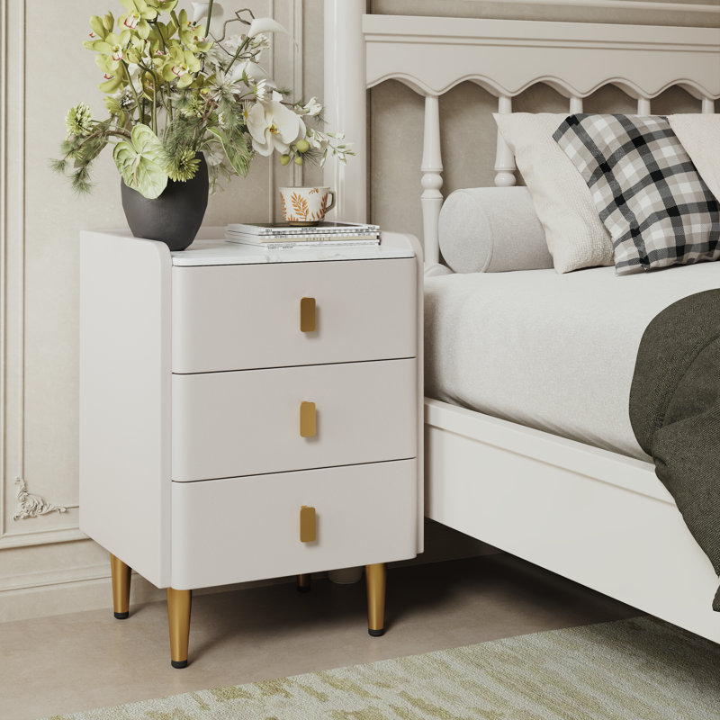 Agripina Narrow Nightstand with Drawers, Small Side Table with Leather Surface for Bedroom and Living Room, White, 15.7" W