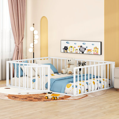 Full Size White Metal Floor Bed - And Stable Build Fence Door For Increased Security Versatile Various Activities Frame, Dependable Enhanced Needs
